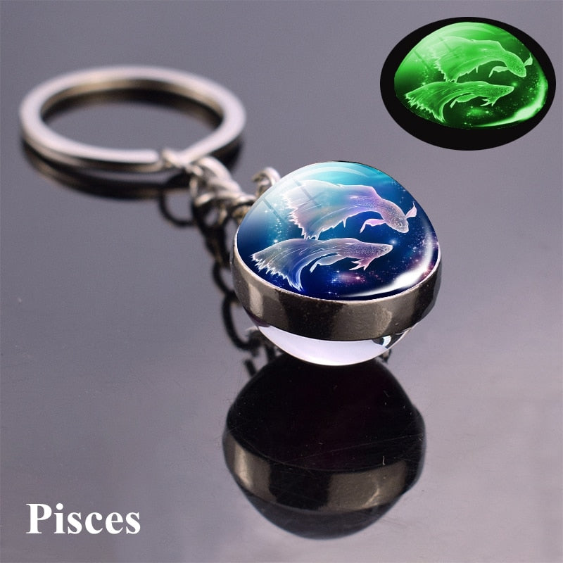 Luminous Keychain Glass Ball Pendant Zodiac Keychain Glow In The Dark Key Chain Holder