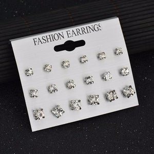 12 PAIR/SET WOMEN SQUARE CRYSTAL HEART STUD PIERCING SIMULATED EARRINGS - FREE SHIPPING